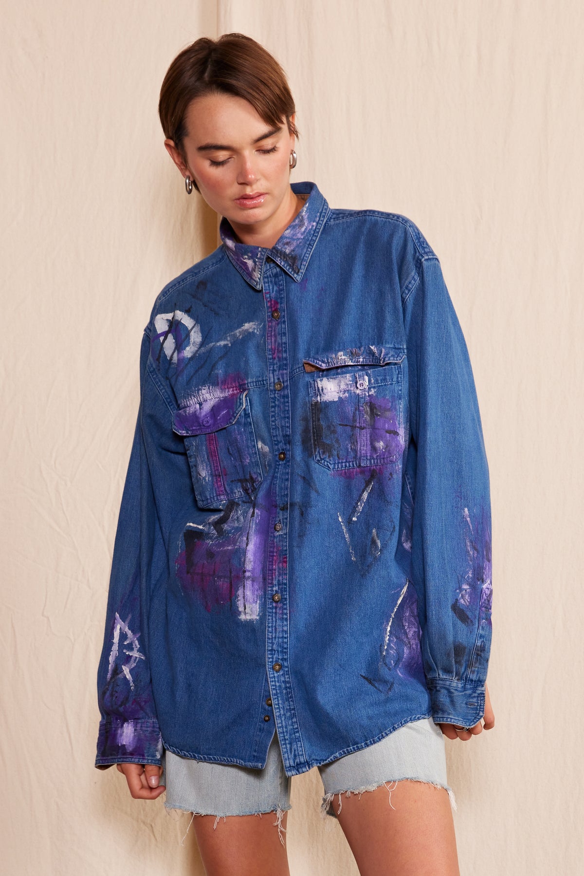 Artisan Hand-Painted Midnight Muse Denim Shirt