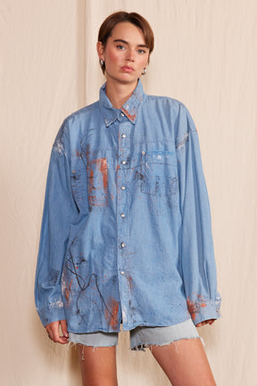 Artisan Hand-Painted Sunset Splash Denim Shirt