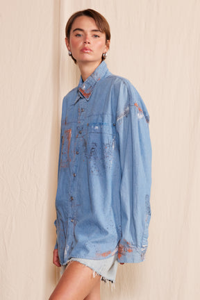 Artisan Hand-Painted Sunset Splash Denim Shirt