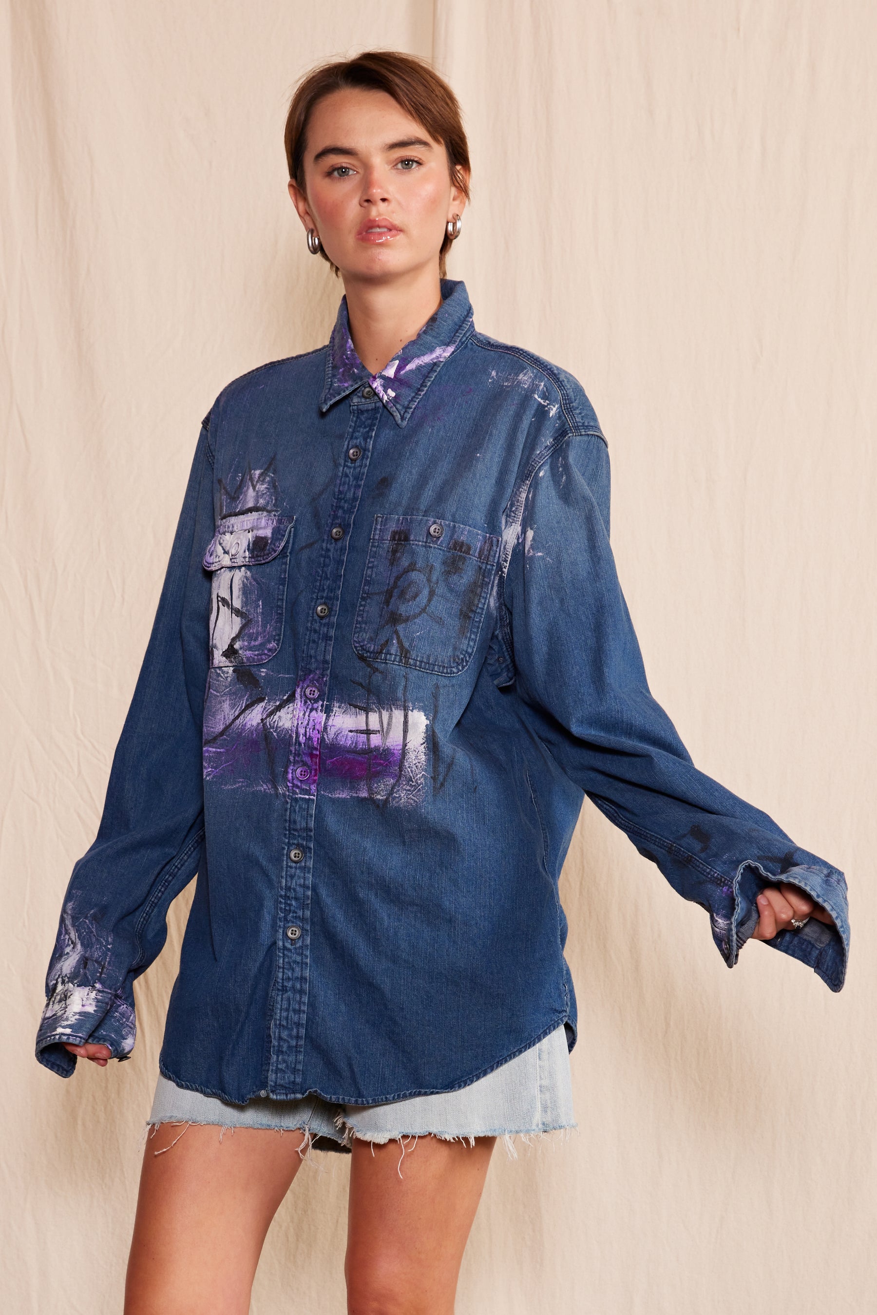 Artisan Hand-Painted Royal Graffiti Denim Shirt