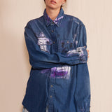 Artisan Hand-Painted Royal Graffiti Denim Shirt