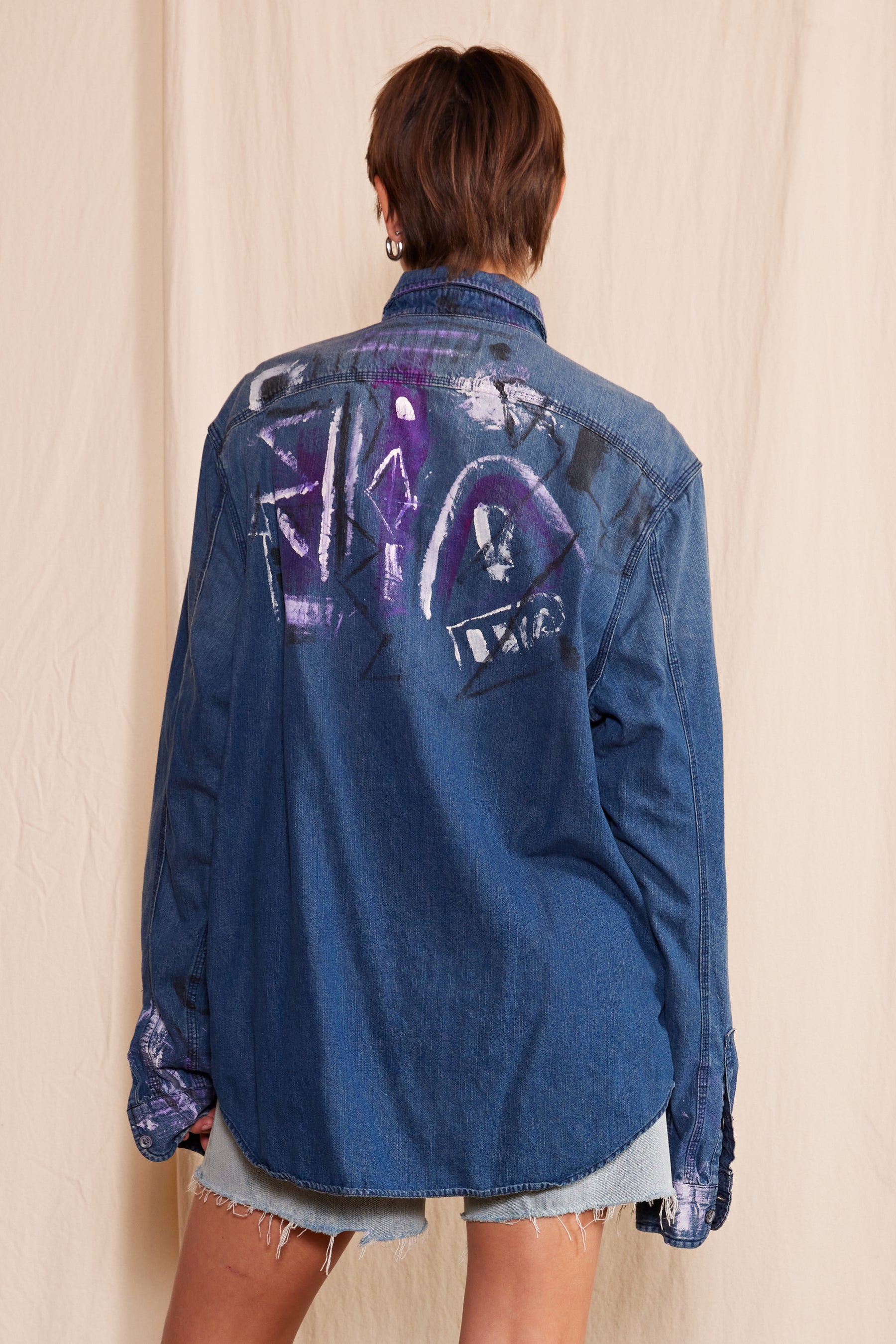 Artisan Hand-Painted Royal Graffiti Denim Shirt