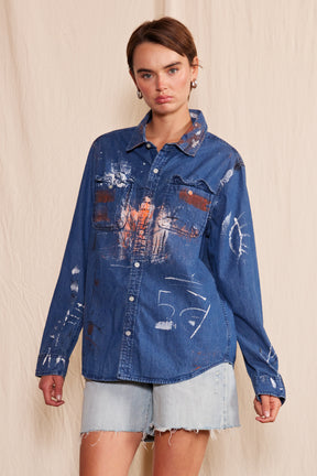 Artisan Hand-Painted Urban Ember Denim Shirt