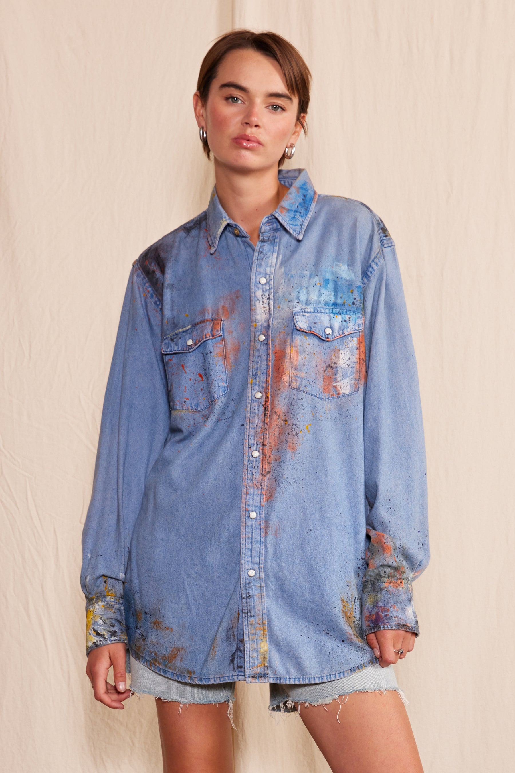 Artisan Hand-Painted Autumn Aurora Denim Shirt