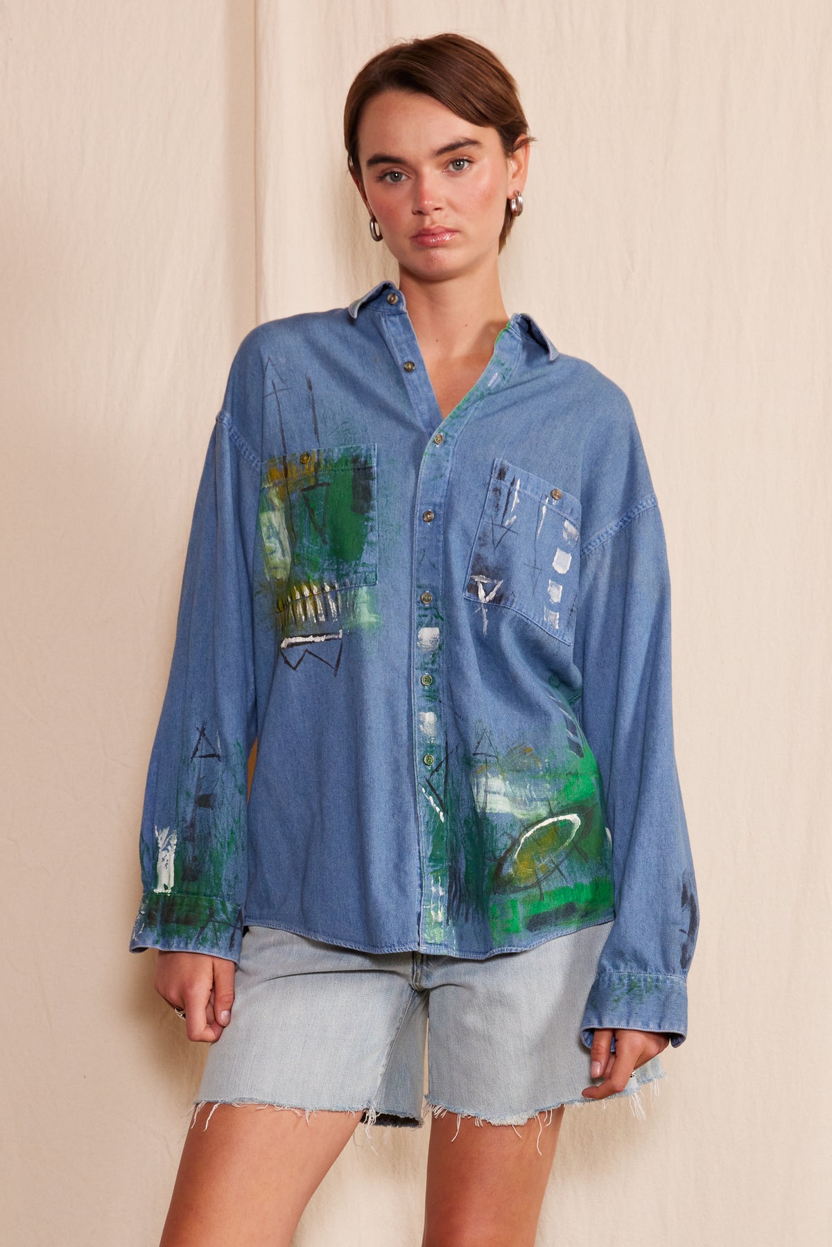 Artisan Hand-Painted Emerald Echo Denim Shirt