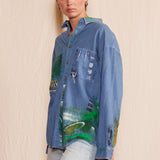 Artisan Hand-Painted Emerald Echo Denim Shirt