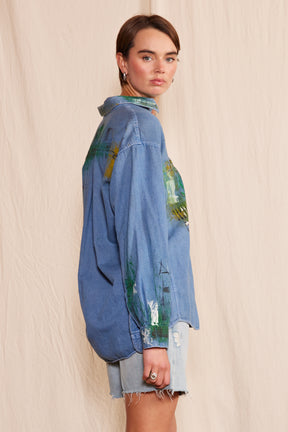 Artisan Hand-Painted Emerald Echo Denim Shirt