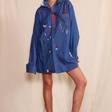 Artisan Hand-Painted Crimson Wave Denim Shirt