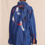 Artisan Hand-Painted Crimson Wave Denim Shirt