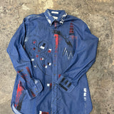 Artisan Hand-Painted Crimson Wave Denim Shirt