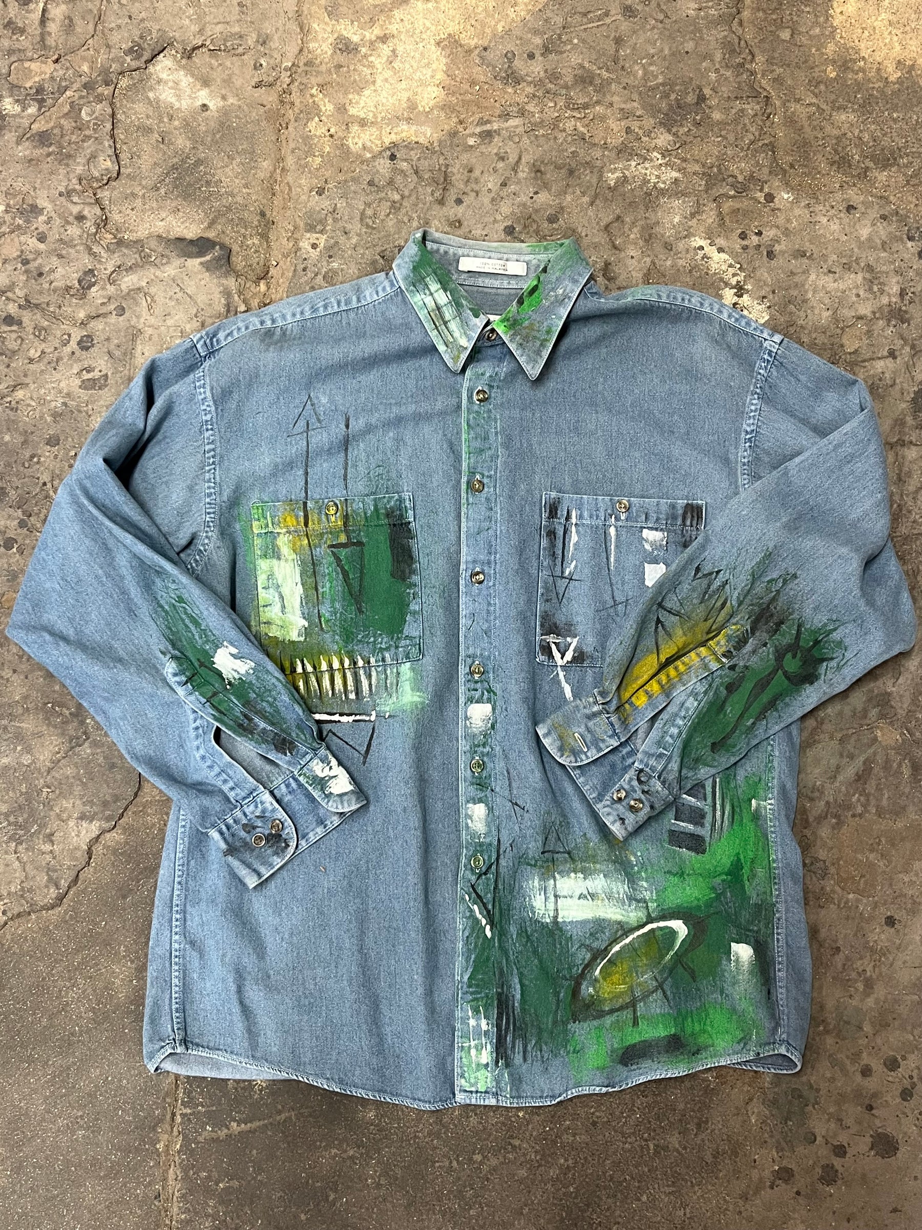 Artisan Hand-Painted Emerald Echo Denim Shirt