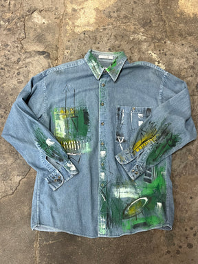 Artisan Hand-Painted Emerald Echo Denim Shirt