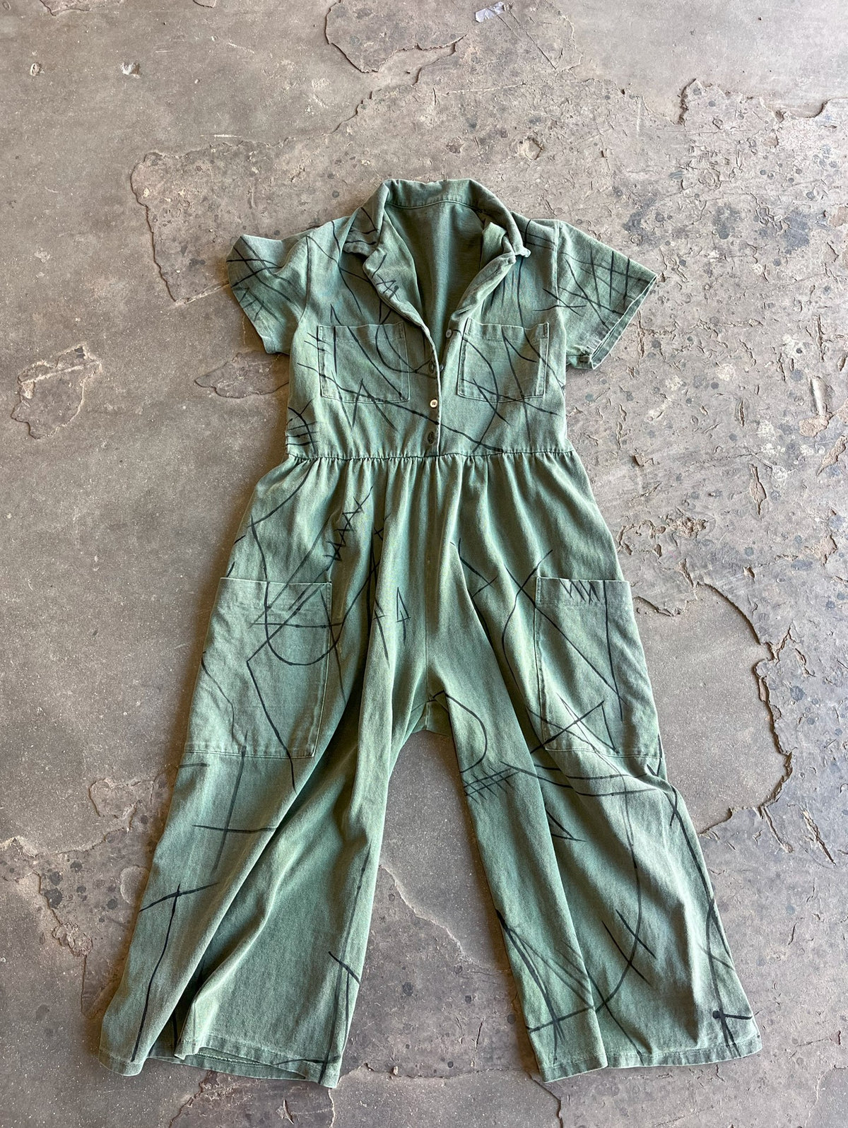 Artisan Hand-Painted Abstract Sage Jumpsuit